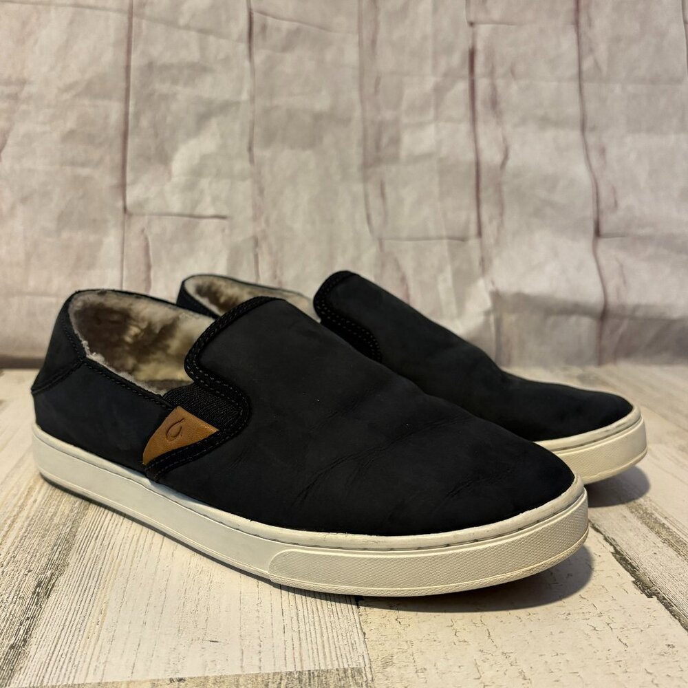 OluKai Women’s Size 7 Pehuea Heu Shearling Slip-On Sneakers Lava Rock Black